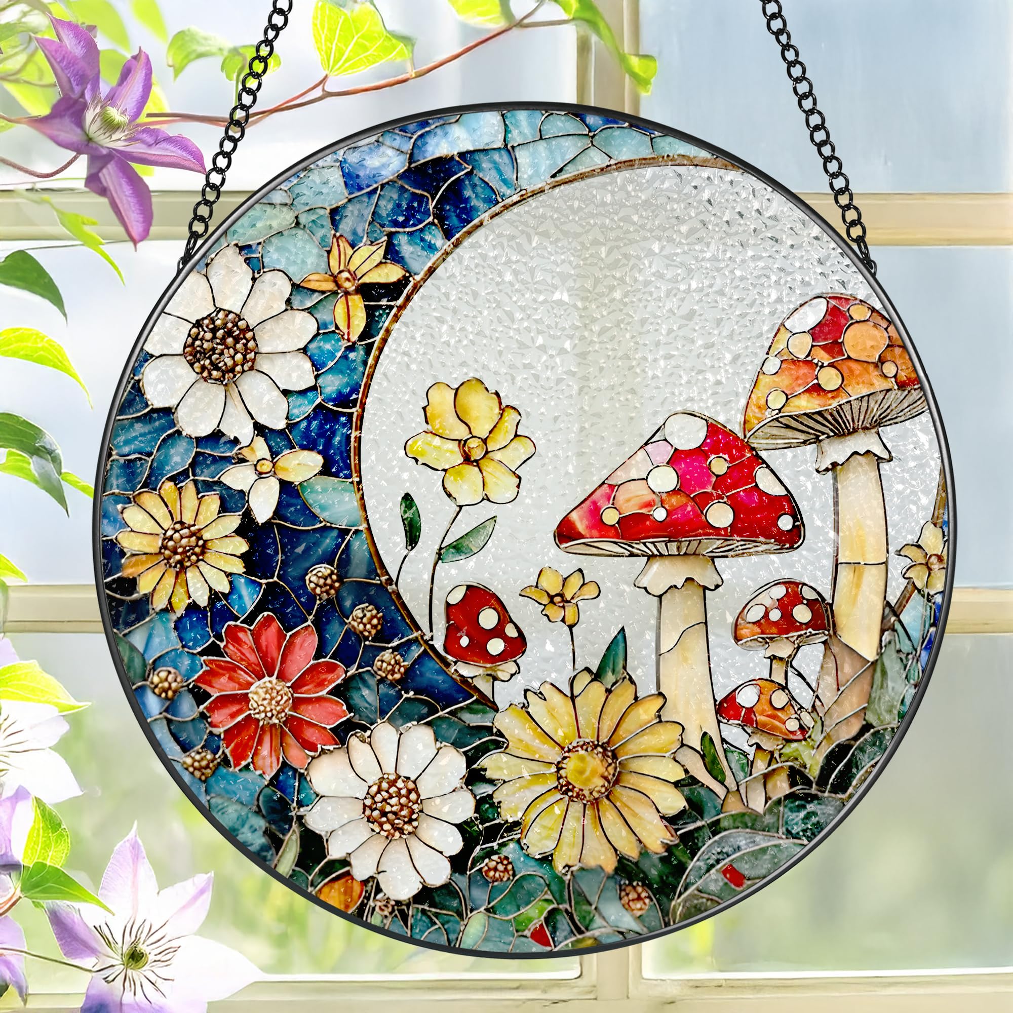 LAOWEIKI 8-Inch Mushroom Suncatcher in sunny window displays vibrant colors.
