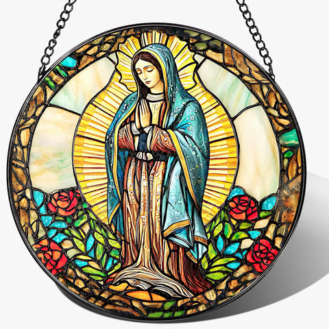 LAOWEIKI 8inch Our Lady of Guadalupe stained glass suncatcher reflecting sunlight with vibrant colors