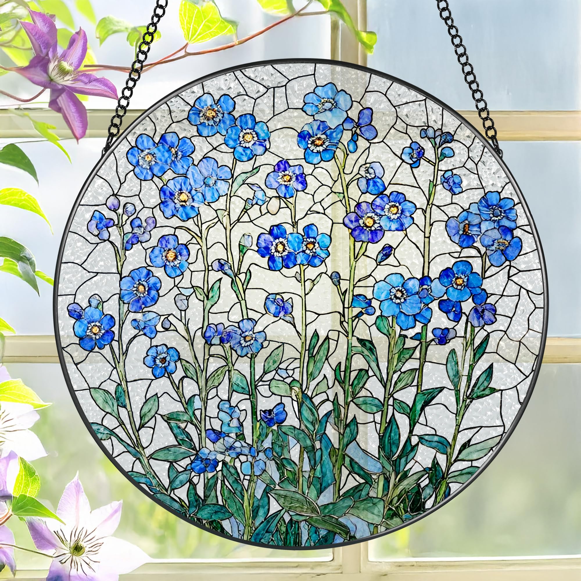 LAOWEIKI 8-inch stained glass window hanging featuring Forget Me Not bloom in sunlight
