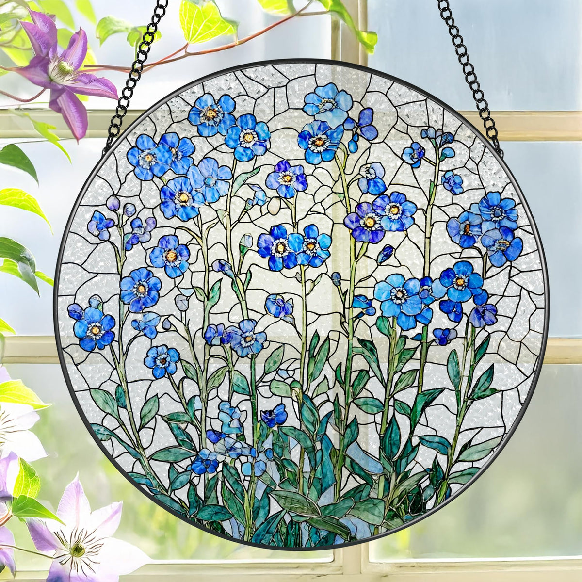 LAOWEIKI 8-inch stained glass window hanging featuring Forget Me Not bloom in sunlight