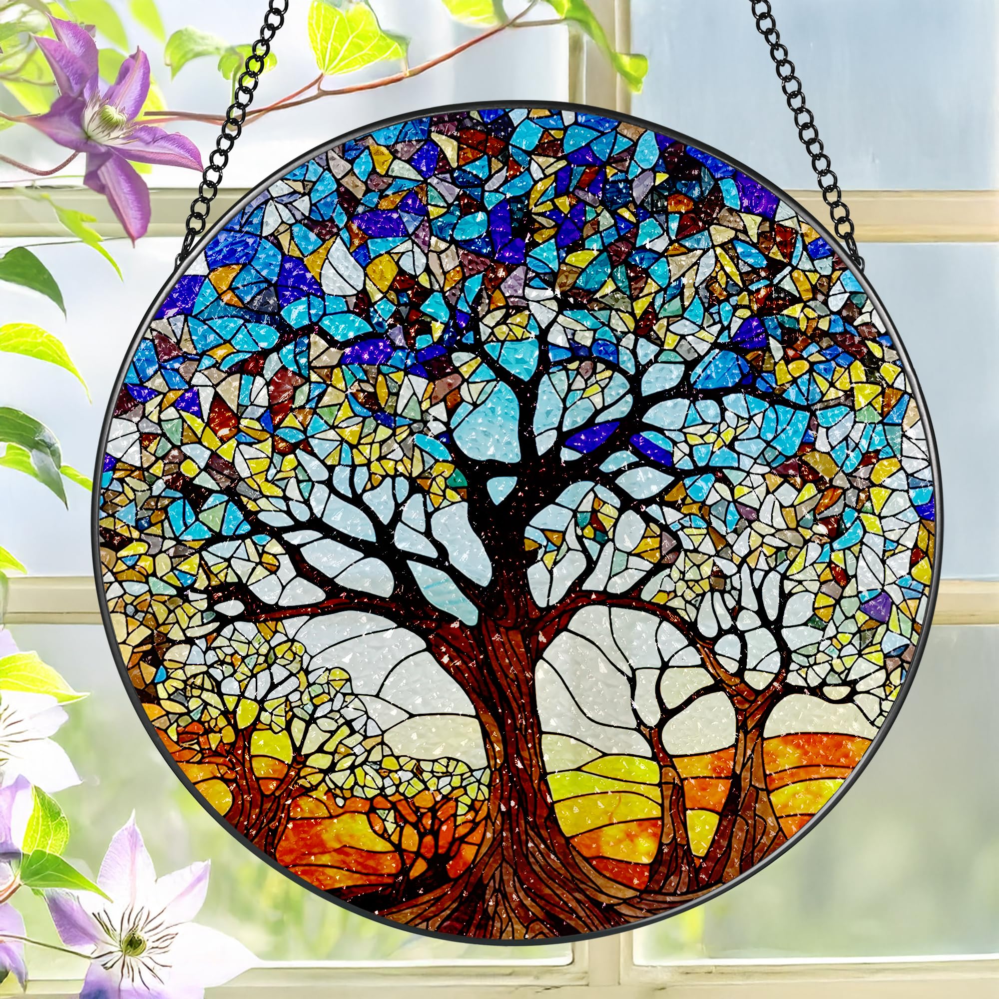 LAOWEIKI 8'' Tree of Life suncatcher shows vibrant color in sunlight