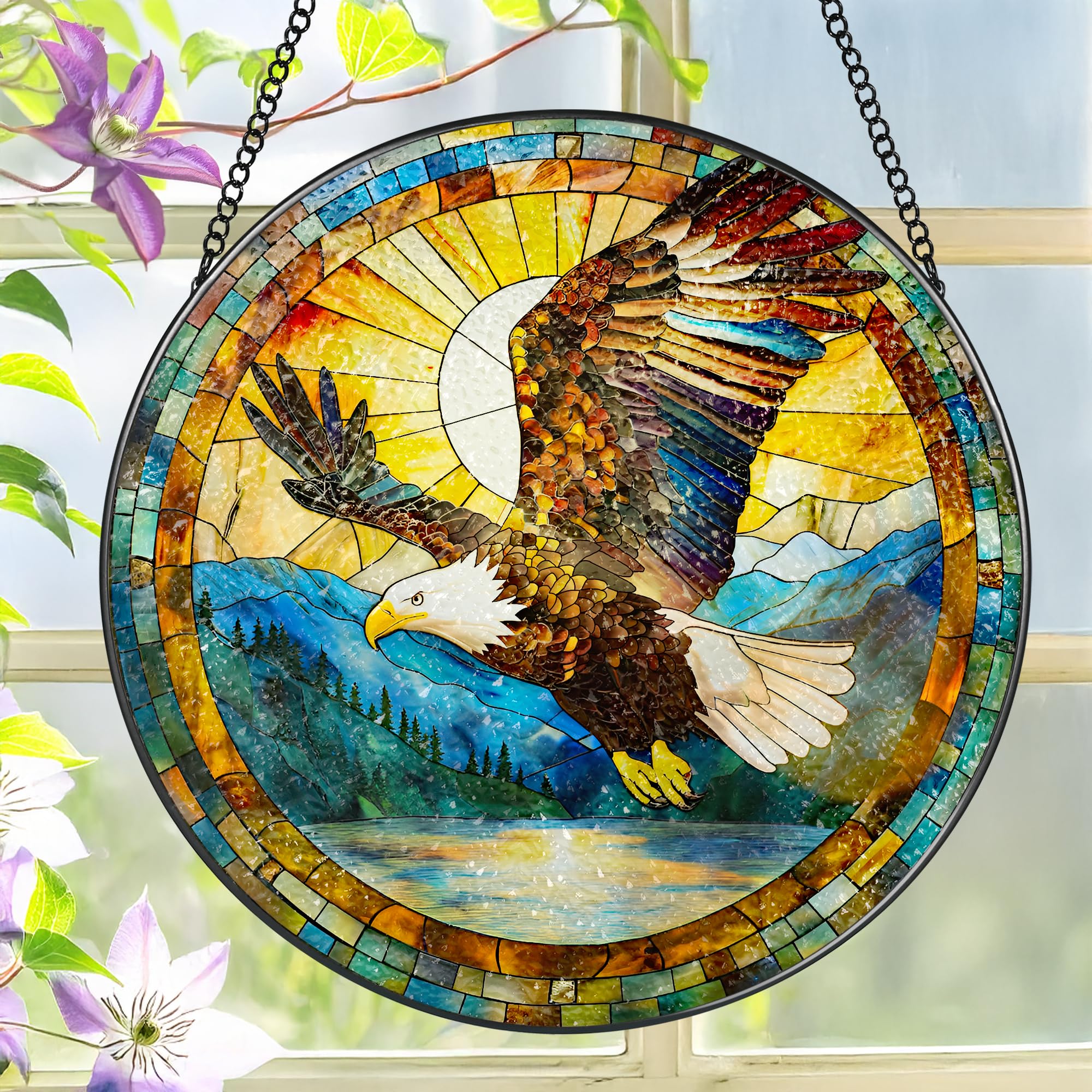 LAOWEIKI Bald Eagle Suncatcher in 8-inch stained glass brightens windows with colorful light.