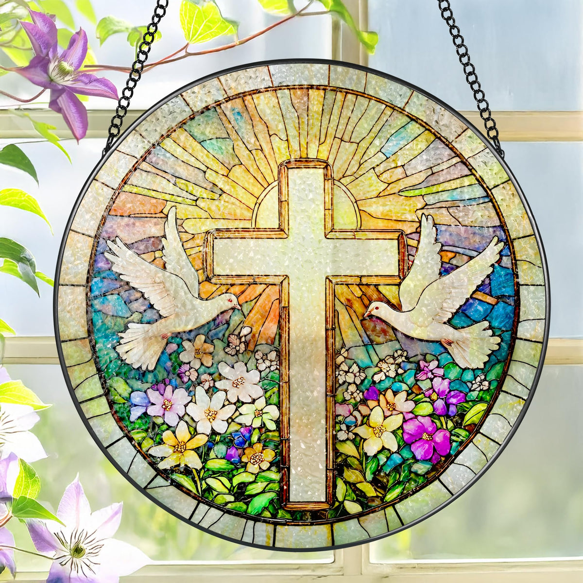 LAOWEIKI Cross and Wildflowers suncatcher catching sunlight for vibrant window decor.