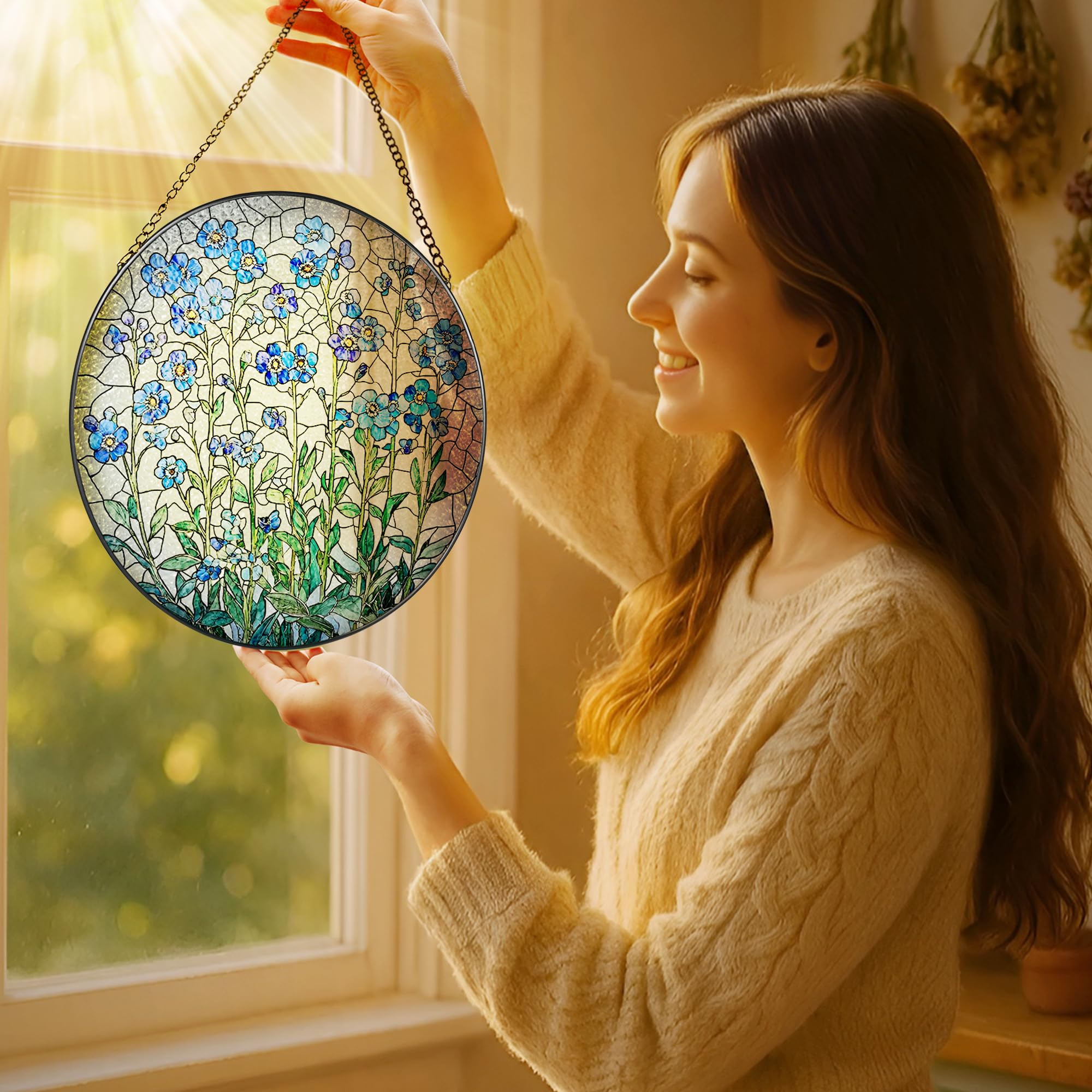 LAOWEIKI Forget Me Not suncatcher brightens sunlit kitchen window