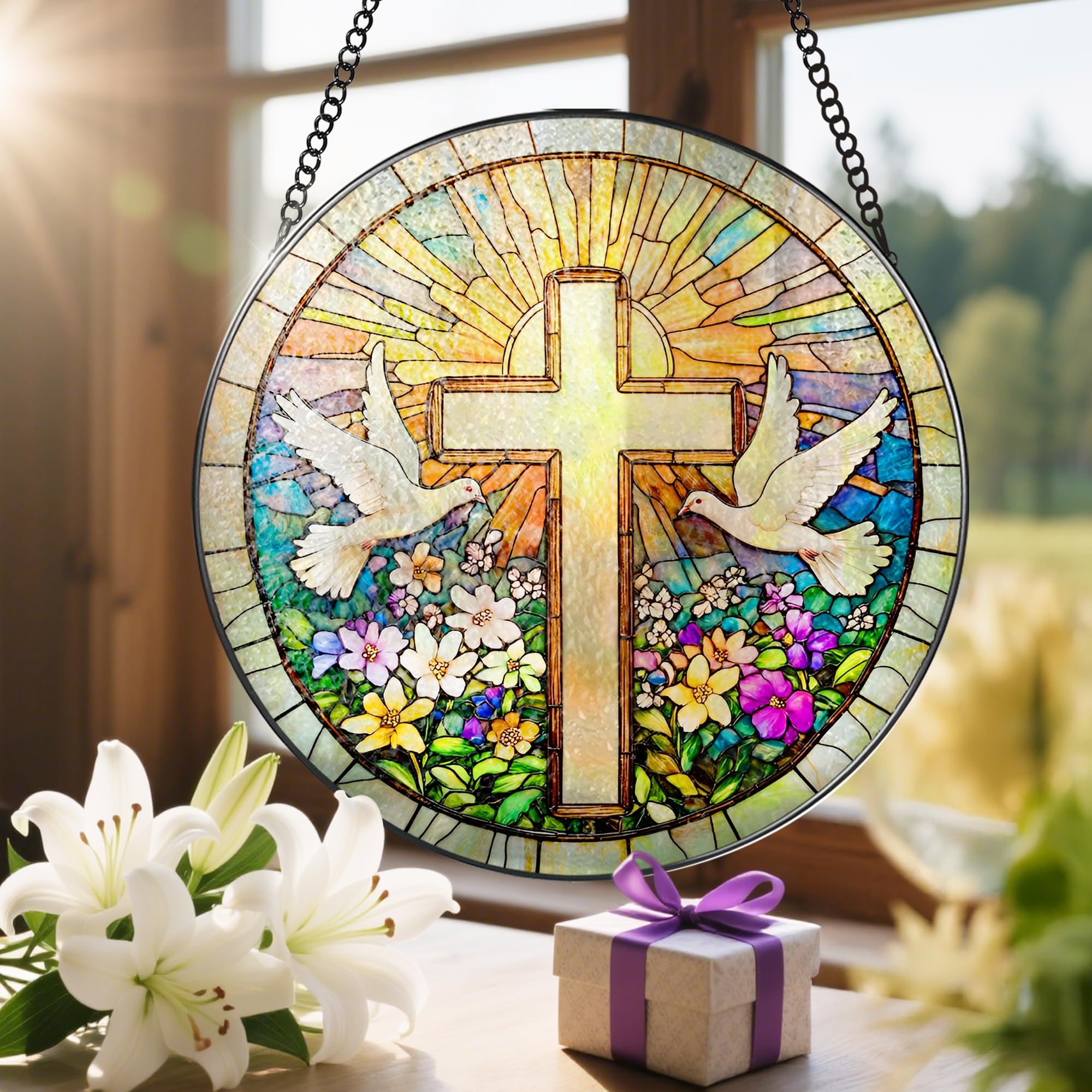 LAOWEIKI Gift-ready cross with wildflowers for religious celebrations.