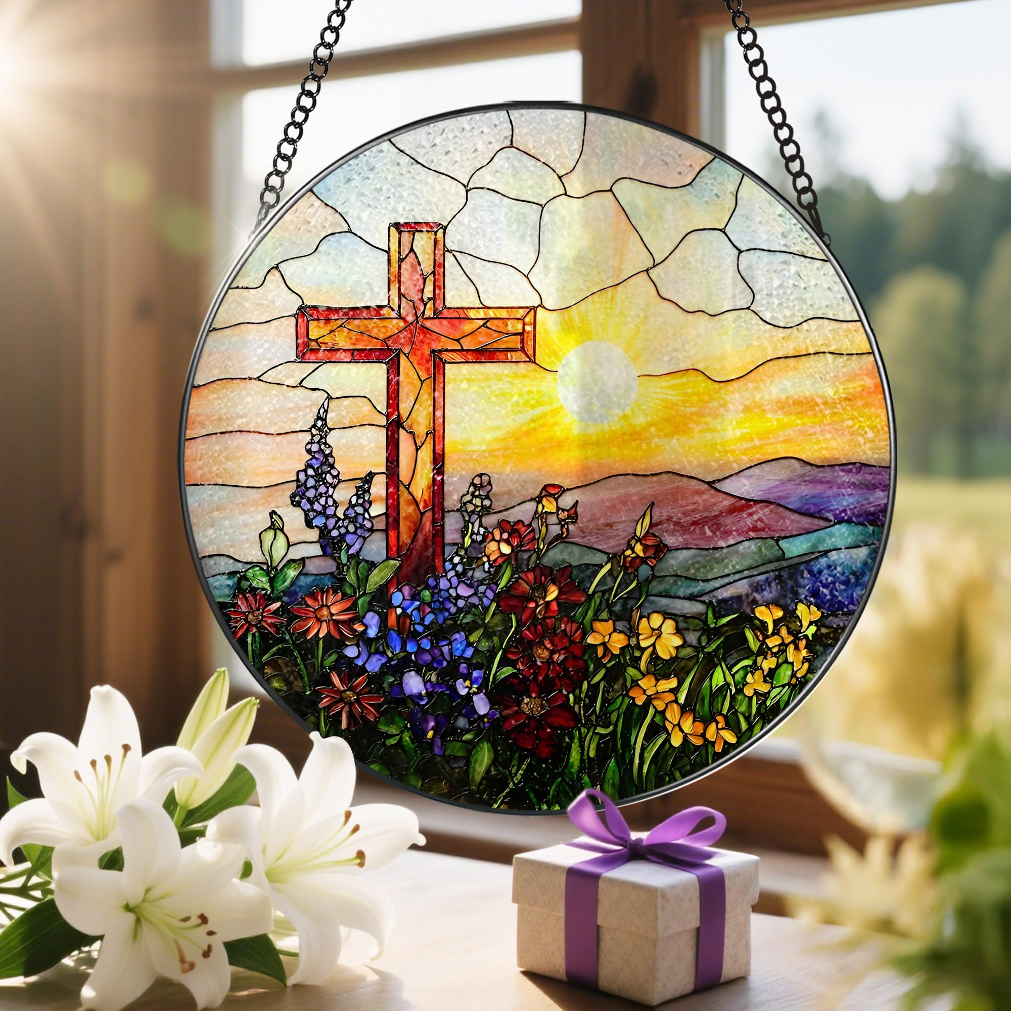 LAOWEIKI gift-ready cross suncatcher for religious celebrations or home decor