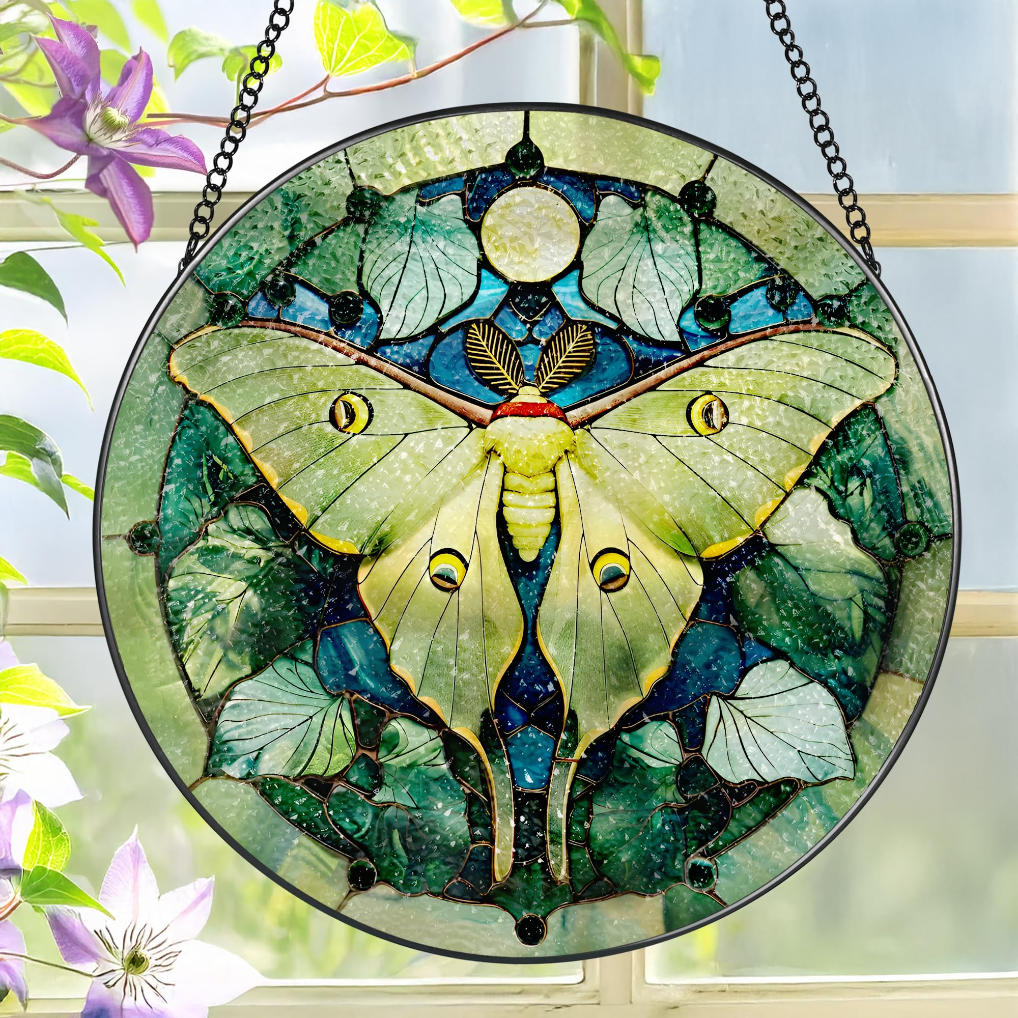 LAOWEIKI Luna Moth Suncatcher in 8-inch stained glass brightens windows with color.