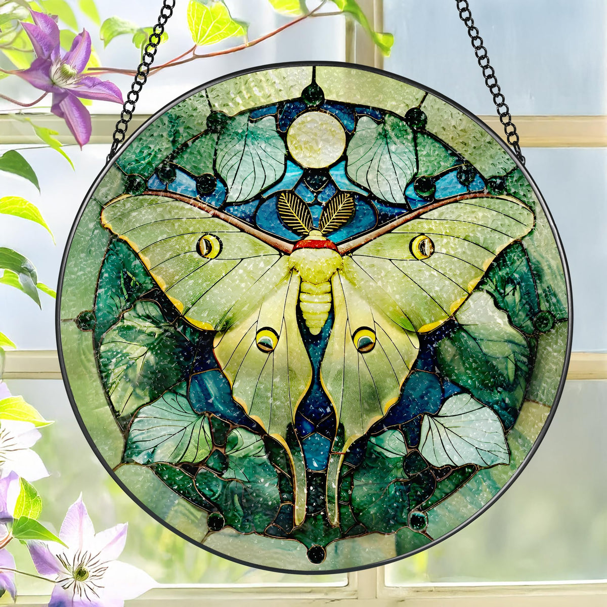 LAOWEIKI Luna Moth Suncatcher in 8-inch stained glass brightens windows with color.