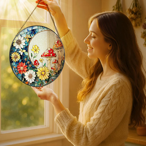 LAOWEIKI mushroom suncatcher stained glass decor with colorful glow for home or garden.