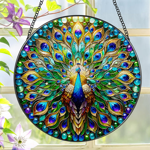 LAOWEIKI Peacock Suncatcher eight-inch glows in sunlight, brightening windows.