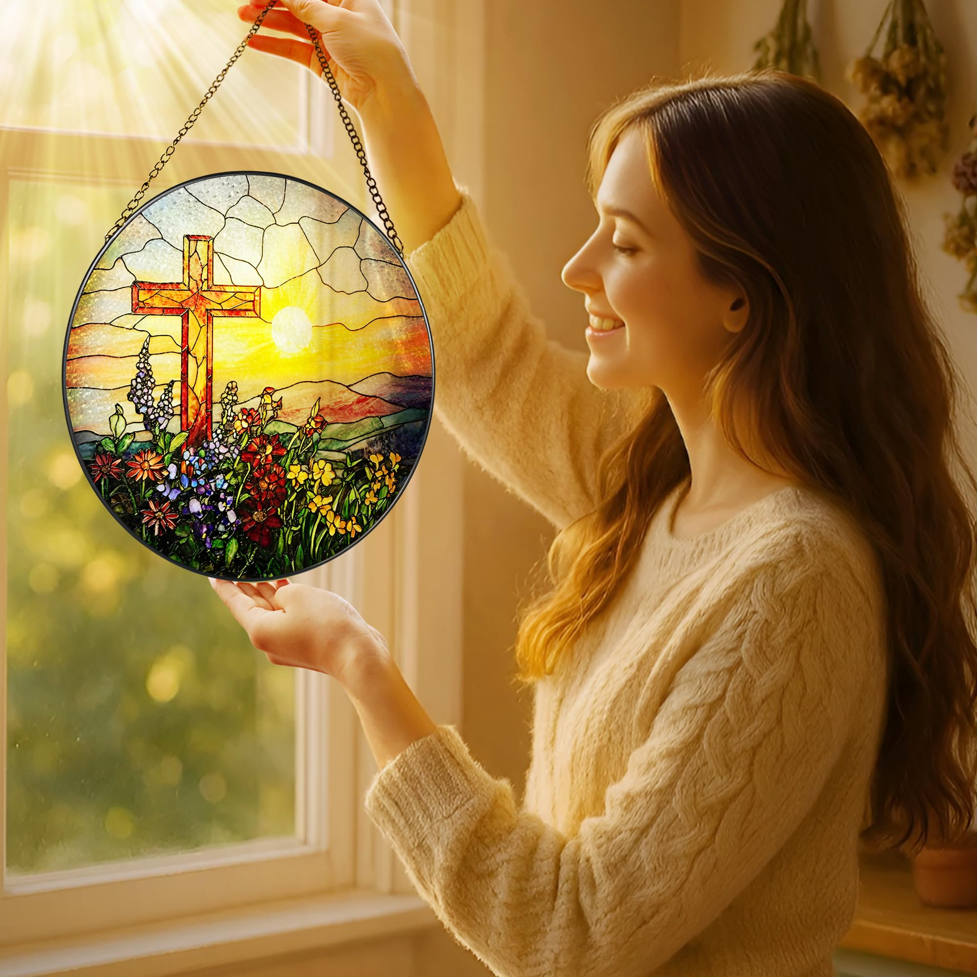 LAOWEIKI stained glass cross with wildflowers pattern brightens interiors