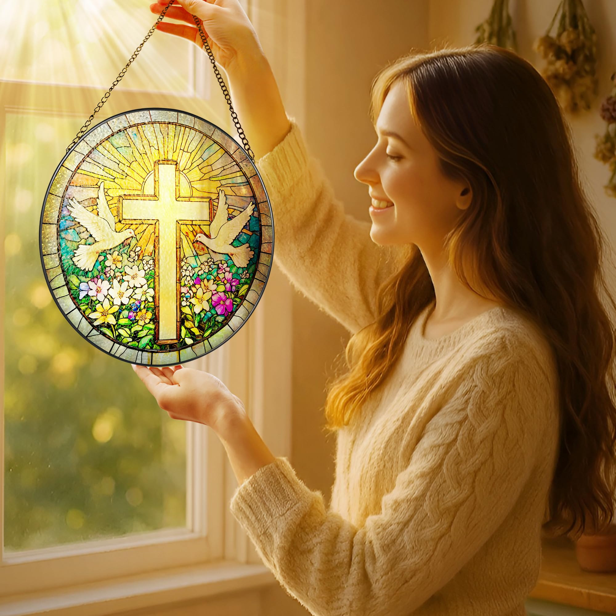 LAOWEIKI Stained glass cross suncatcher with window hanging for bright spaces.