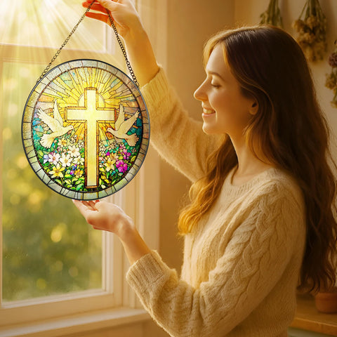 LAOWEIKI Stained glass cross suncatcher with window hanging for bright spaces.