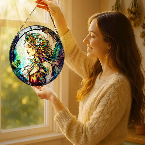 LAOWEIKI stained glass suncatcher with a black metal frame brightens interiors
