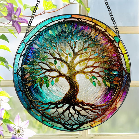 LAOWEIKI tree of life stained glass suncatcher brightens windows with colorful light.