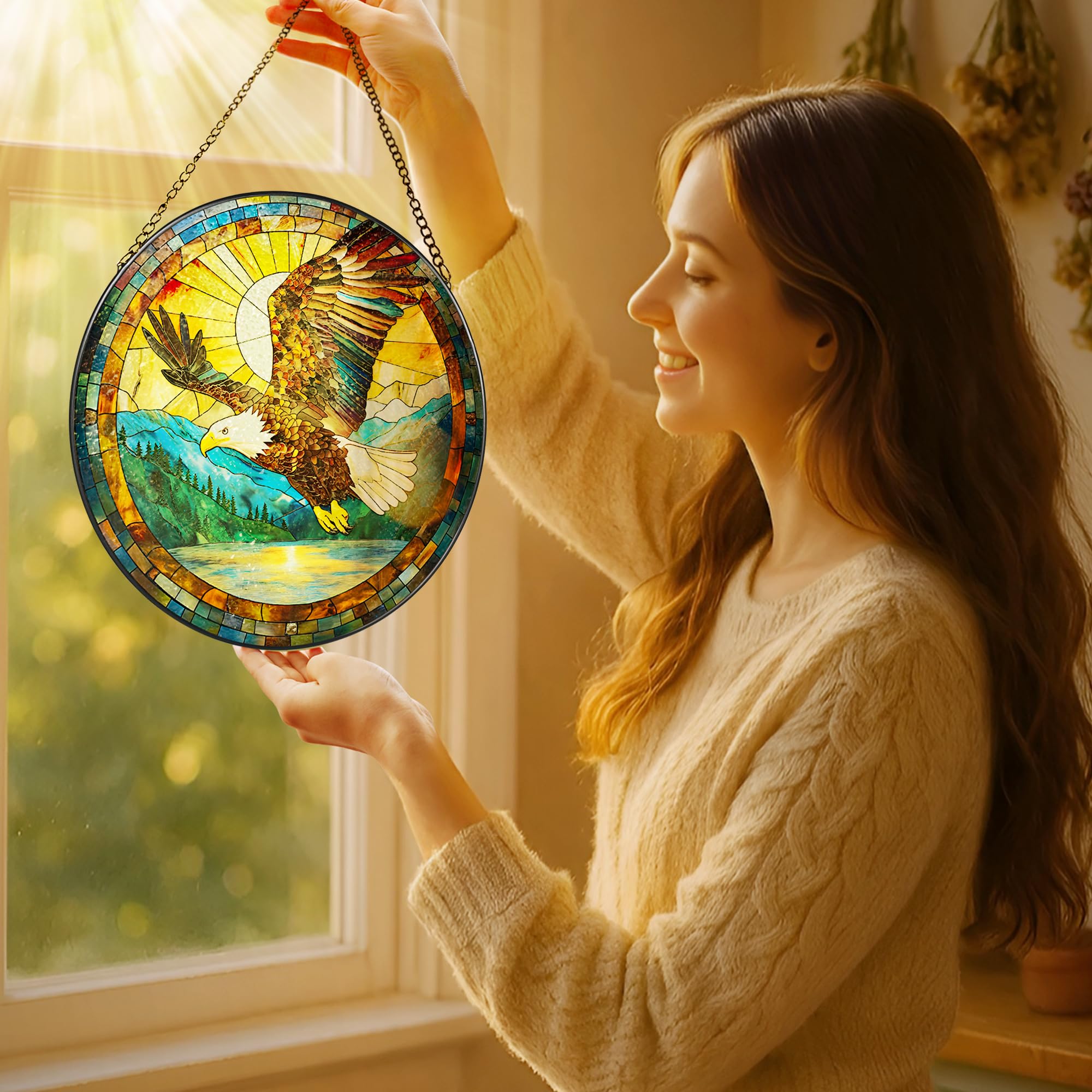 LAOWEIKI stained glass window hanging showing vibrant hues and craftwork.
