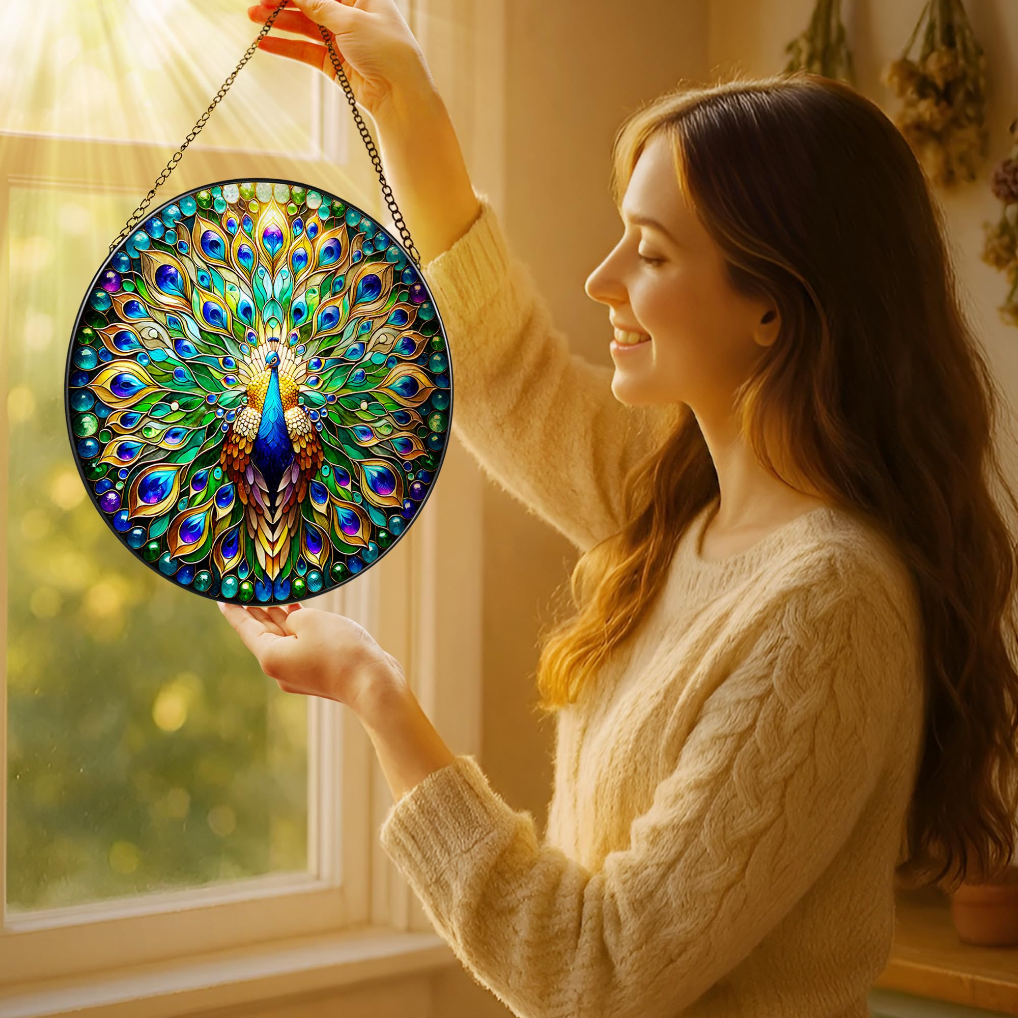 LAOWEIKI stained-glass hanging adds timeless charm in sunlit rooms.