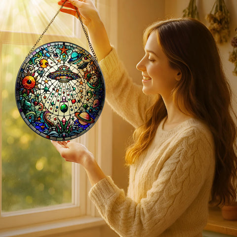 LAOWEIKI stained glass window hanging with black frame for indoor or outdoor use