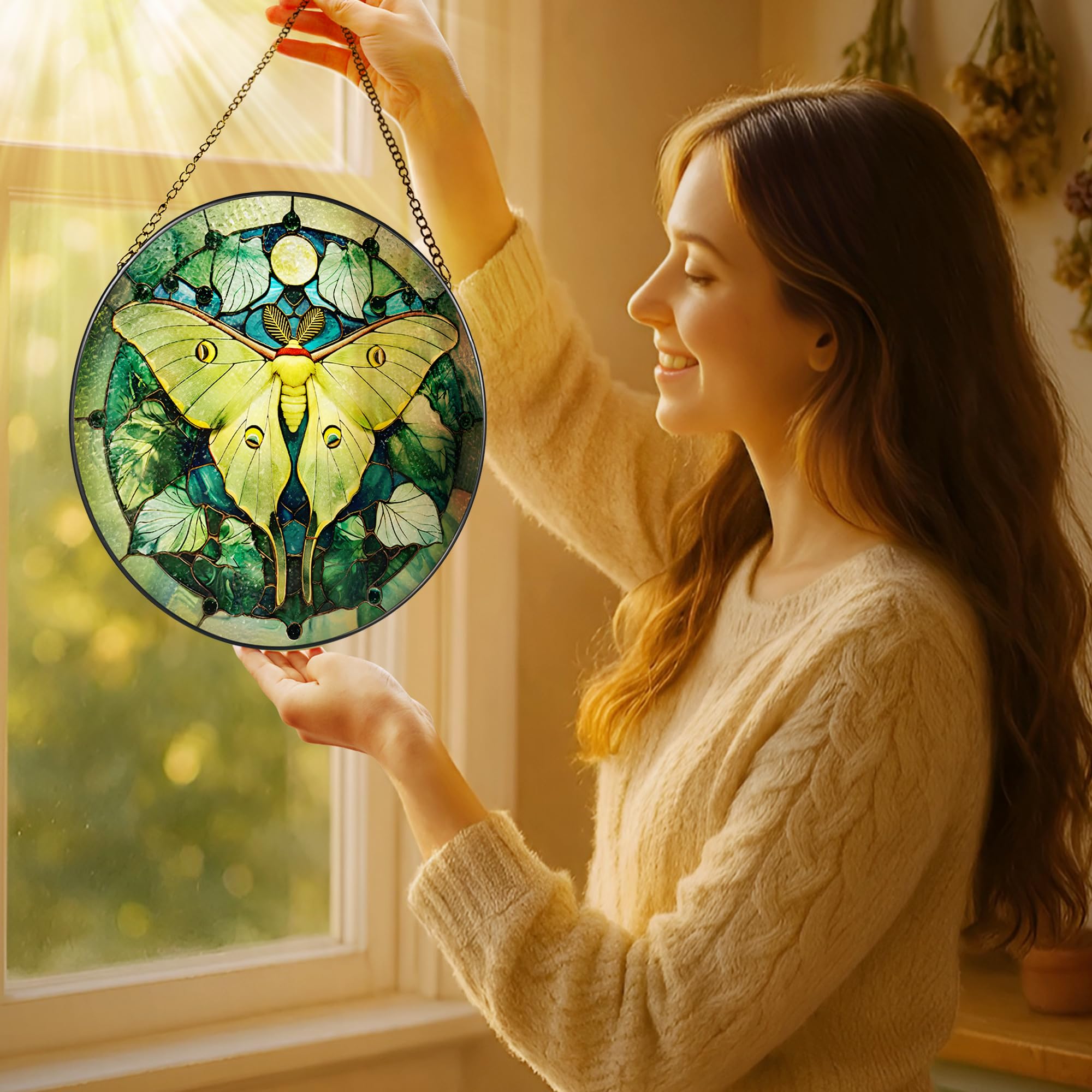 LAOWEIKI stained glass window hanging reflects sunlight into vibrant hues.