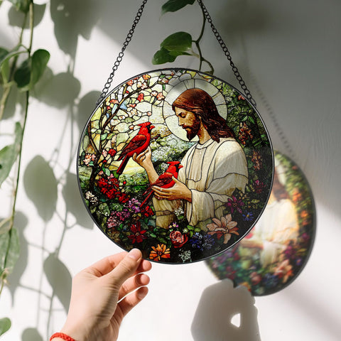 Laoweiki suncatcher hung in window displaying warm light and spiritual charm