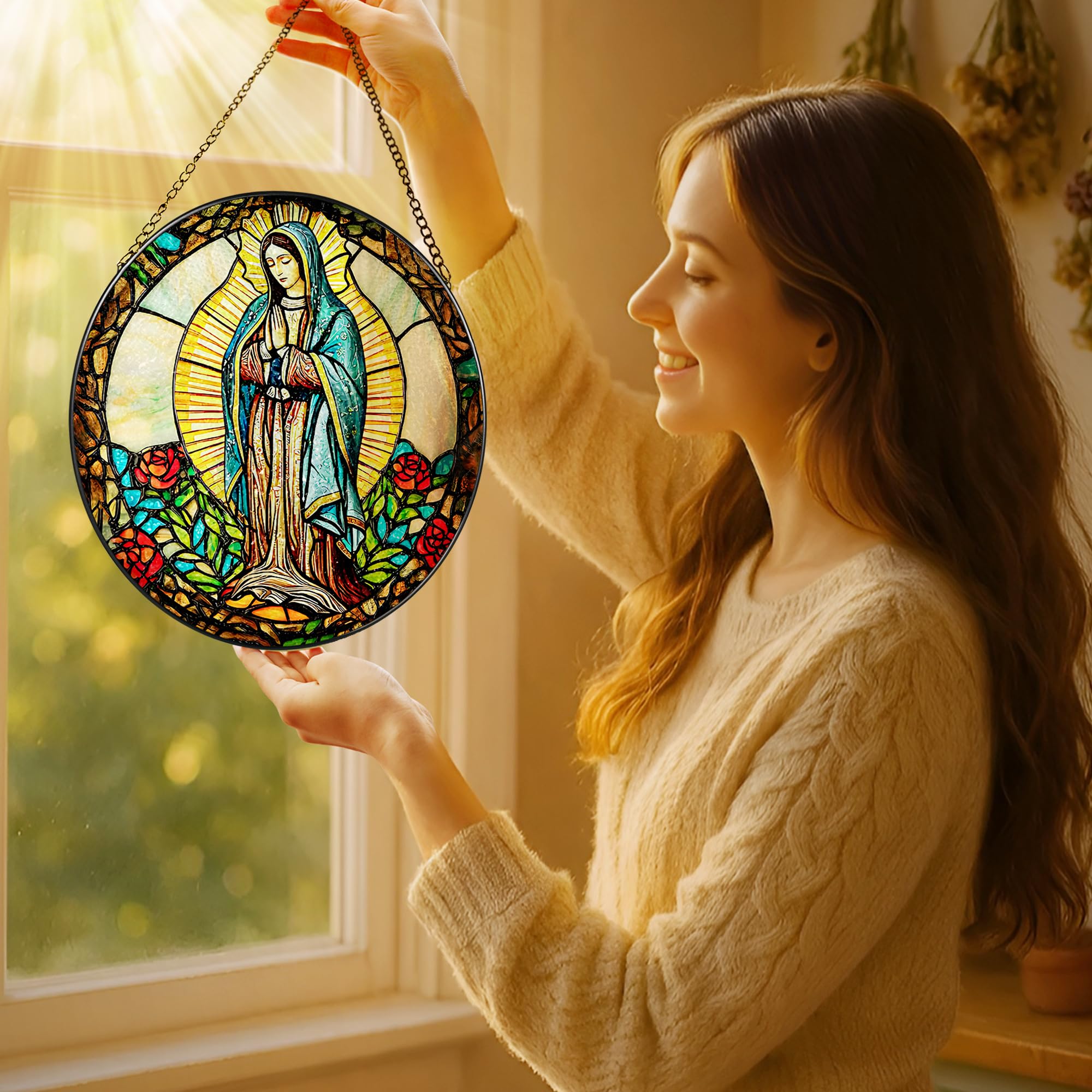 LAOWEIKI UV-printed colors stay bright on Our Lady of Guadalupe suncatcher in daylight
