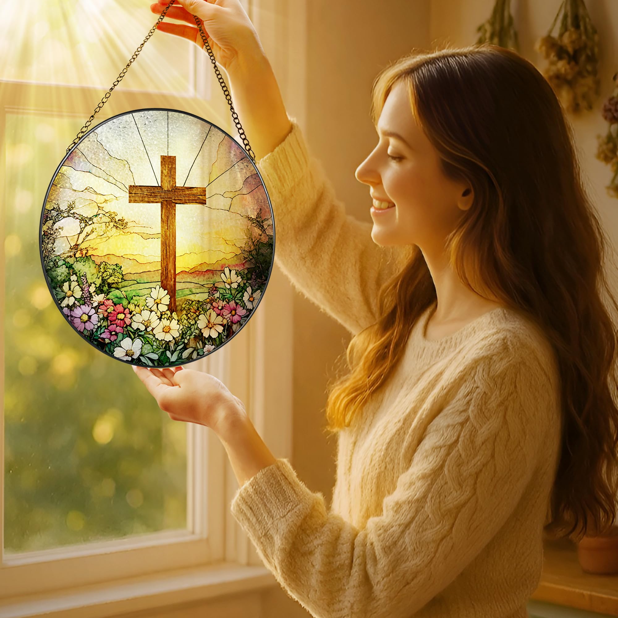 LAOWEIKI wildflowers cross suncatcher with vibrant colors for windows.