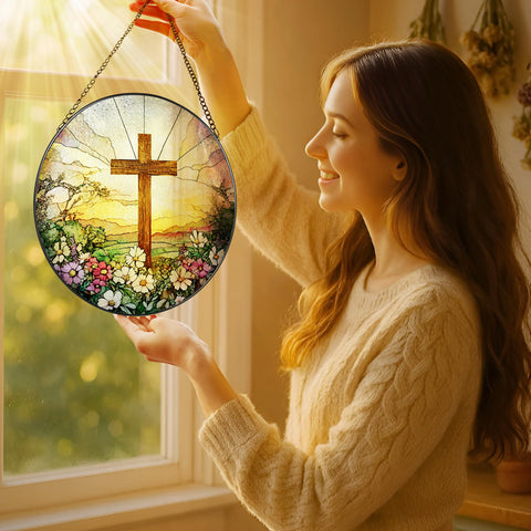 LAOWEIKI wildflowers cross suncatcher with vibrant colors for windows.