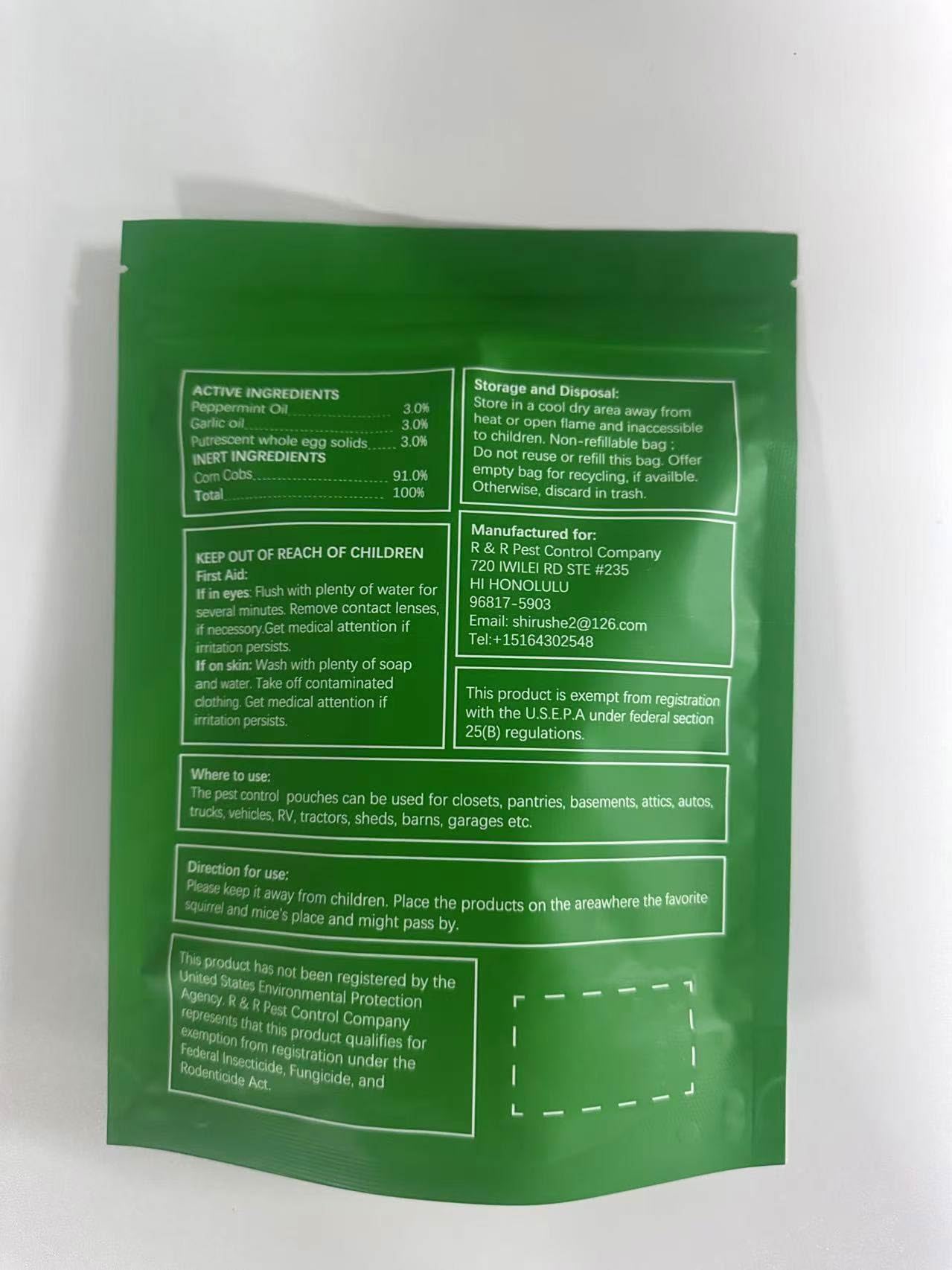 LAQDECDV pest pouch on pantry shelf, ongoing protection against mice.