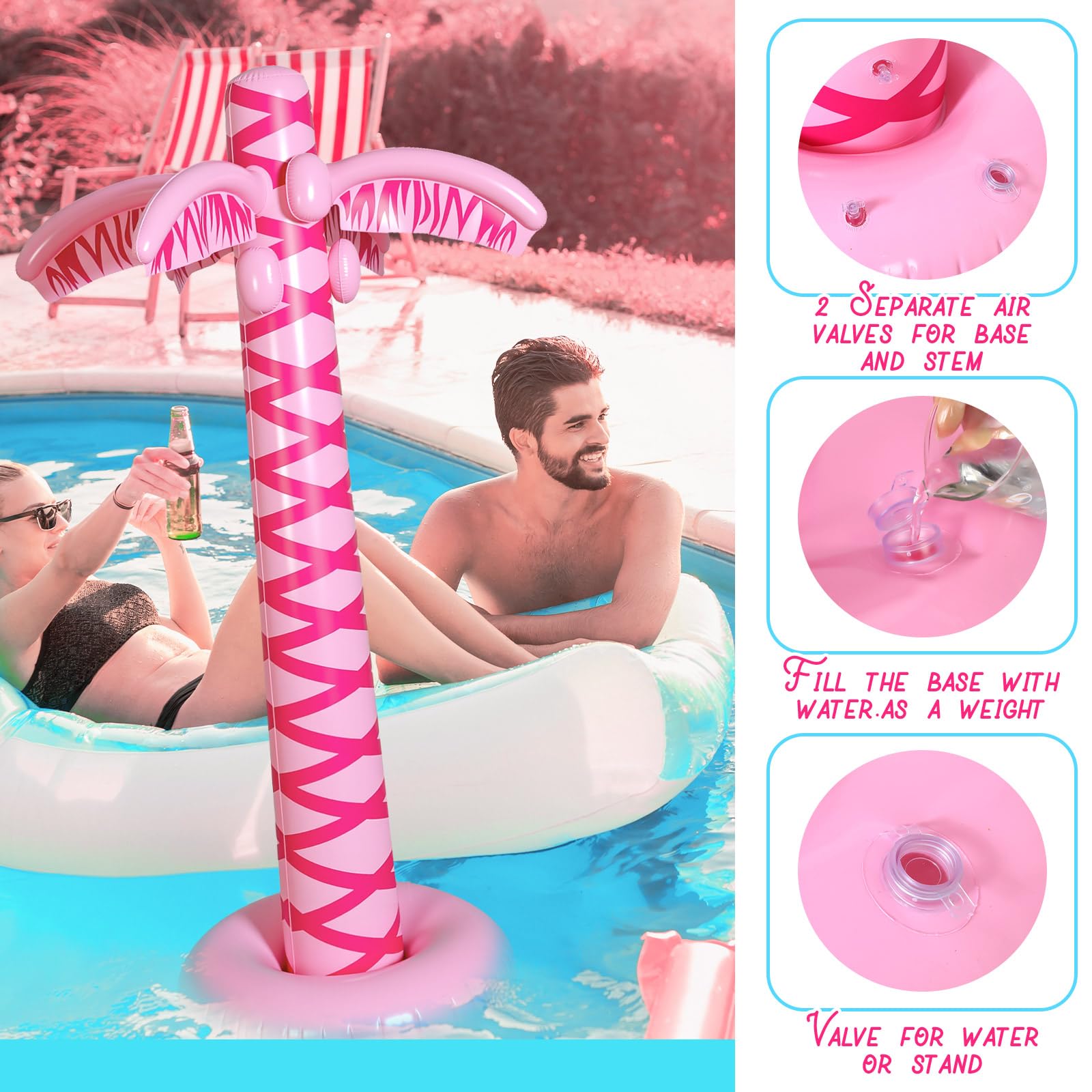 LaRandom inflatable palm tree base uses water for stable poolside placement.