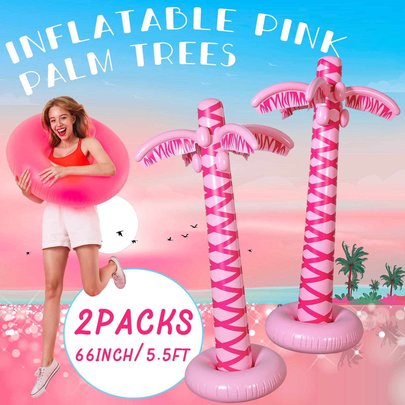 LaRandom pink inflatable palm tree enhances beach-themed decor outdoors.