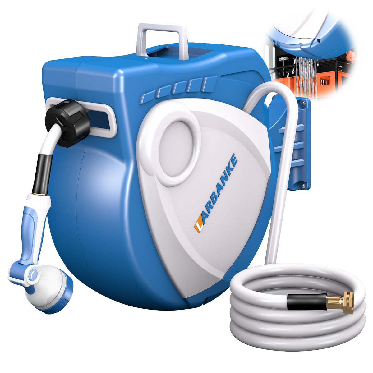 Larbanke wall-mounted hose reel with 100 ft coil for easy garden watering.