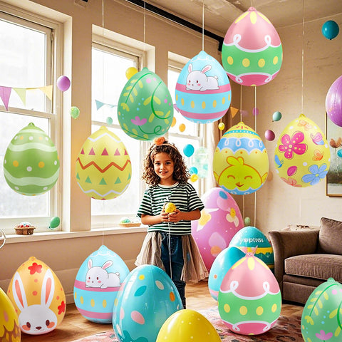 Larber inflatable egg with chick motif for colorful garden displays.