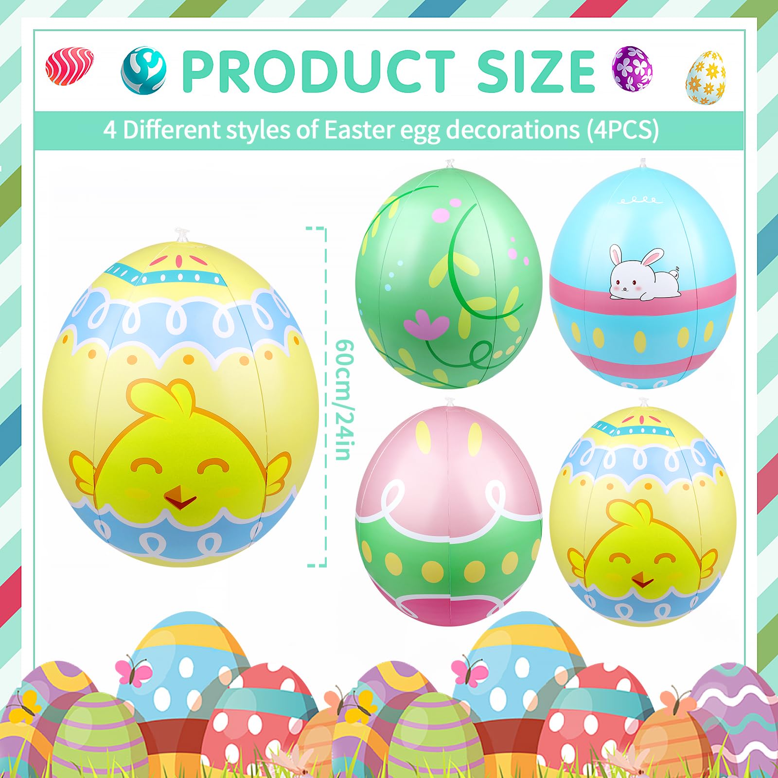 Inflatable Easter egg designs with bunnies and chicks add festive charm.