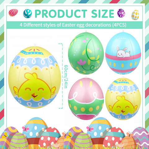 Inflatable Easter egg designs with bunnies and chicks add festive charm.