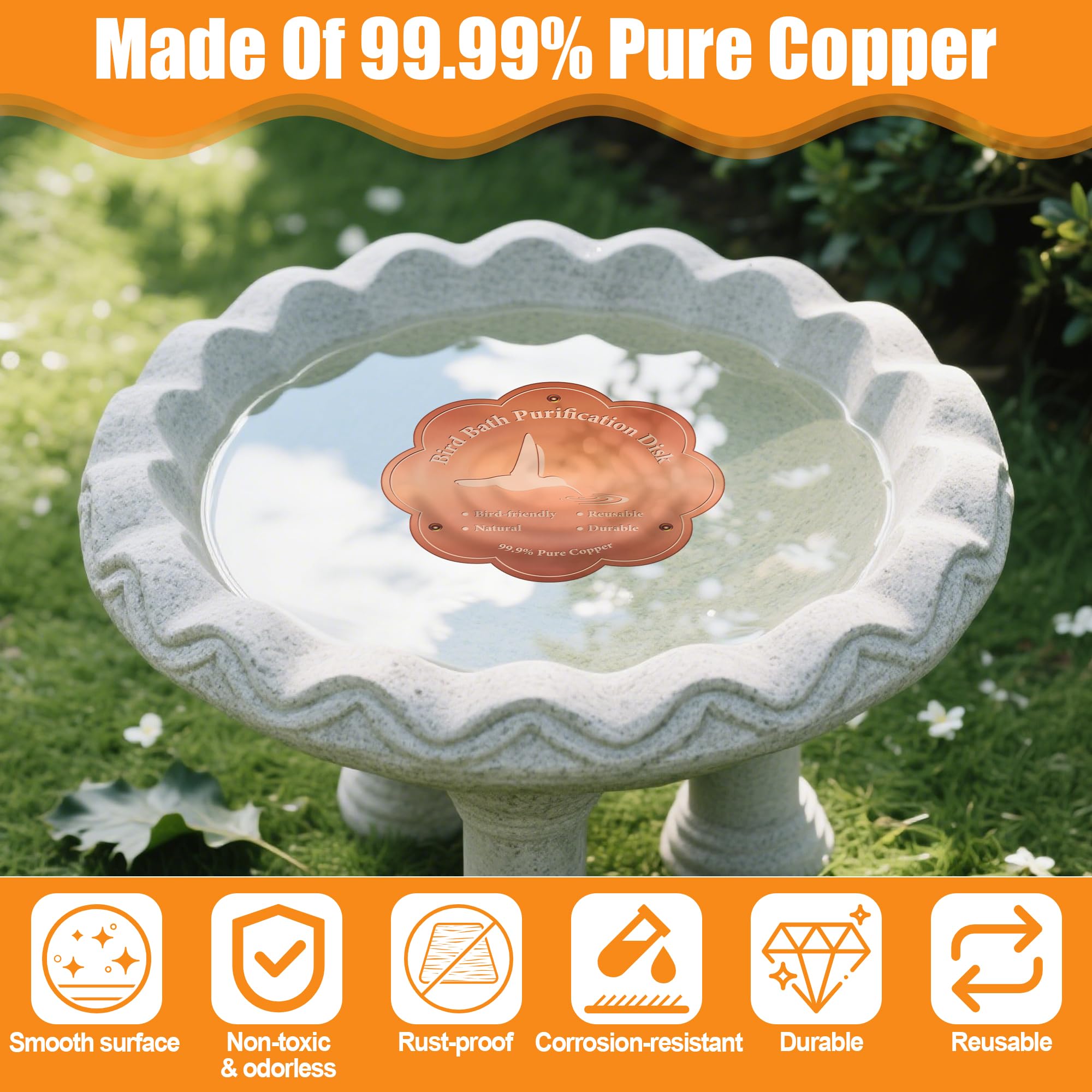 Larbeti in-water action cleans bird bath water with copper ions.