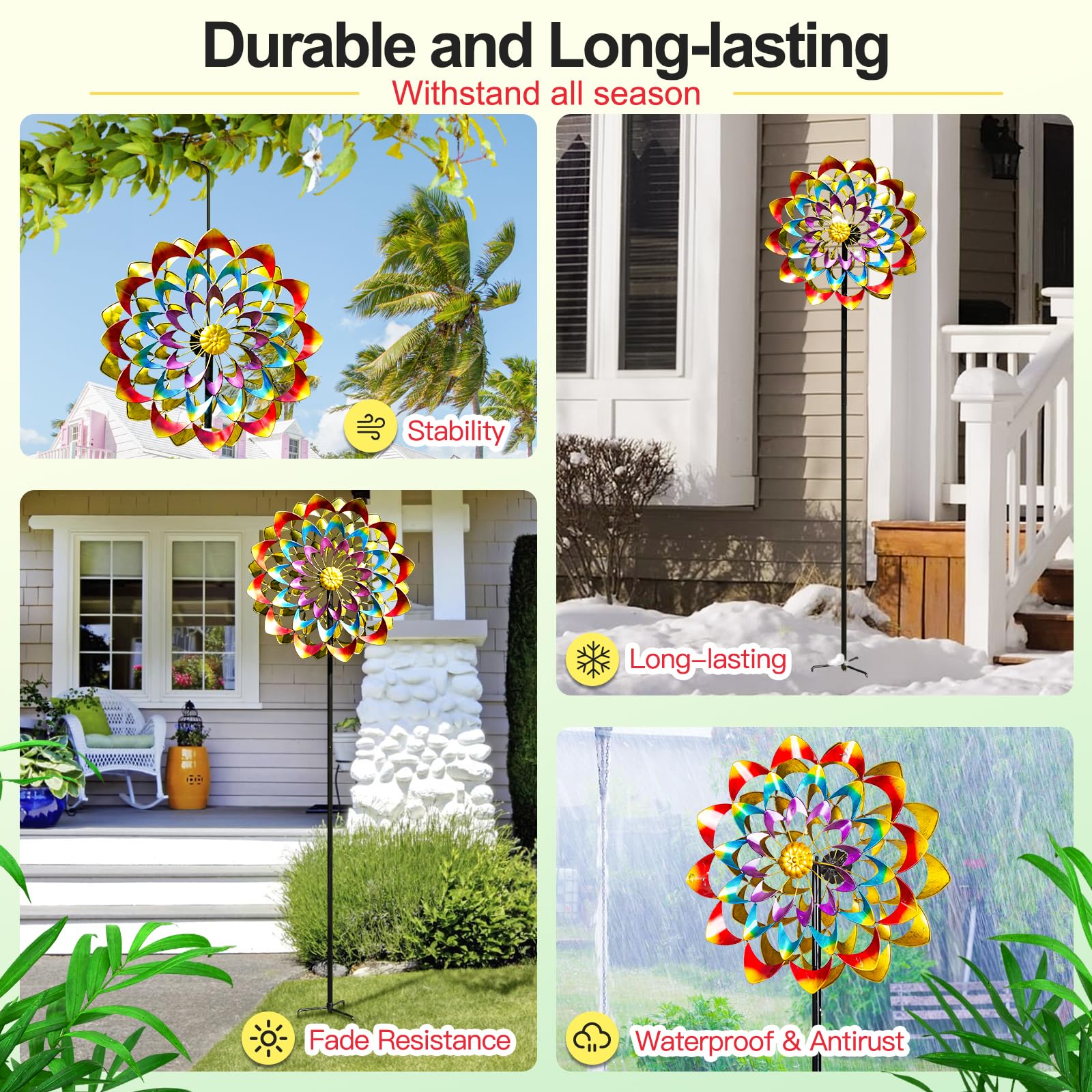 Lariander rainbow wind spinner ready to hang, delivering a bright yard focal point.