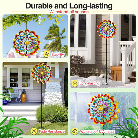 Lariander rainbow wind spinner ready to hang, delivering a bright yard focal point.