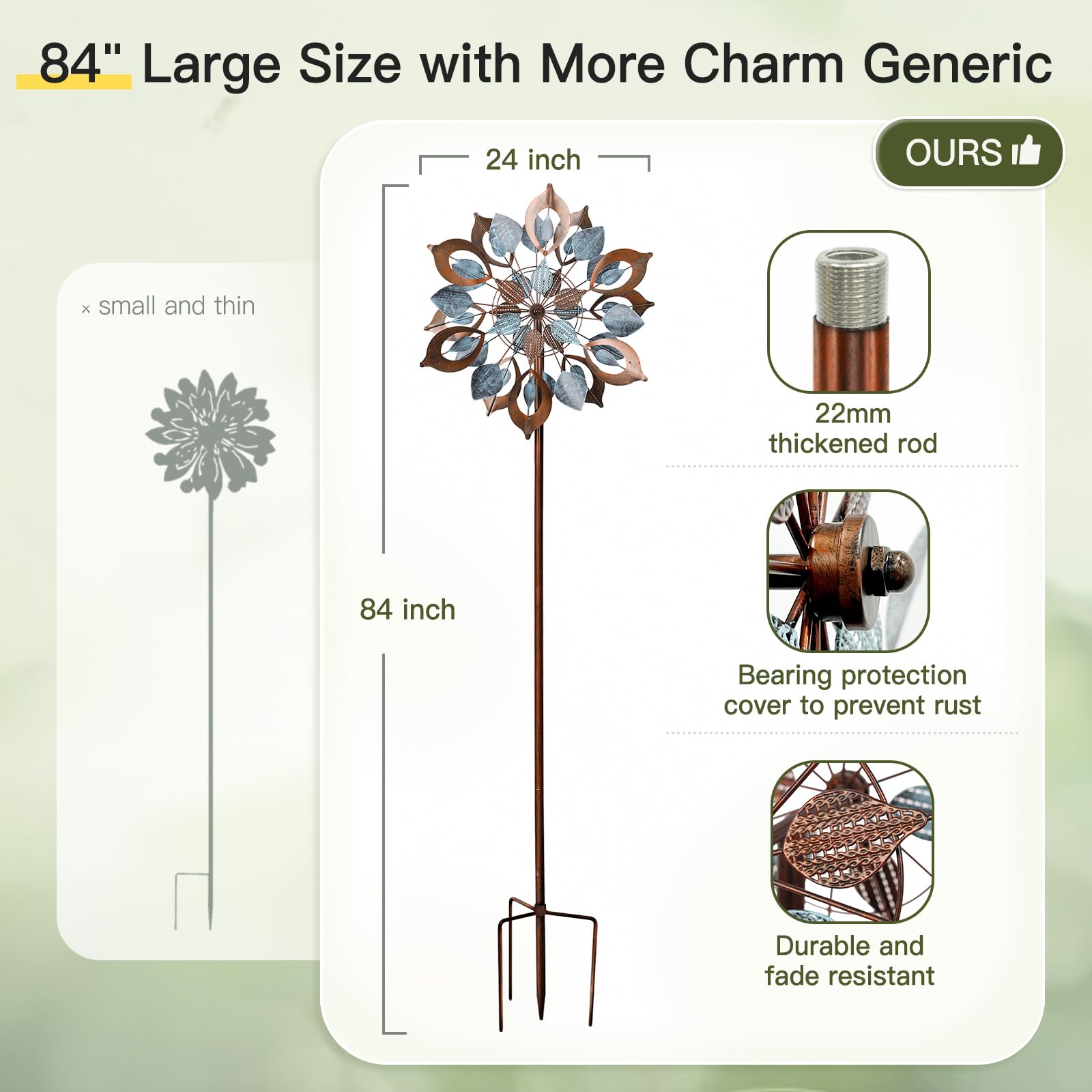 Lariander kinetic rotation in a breeze adds tranquil garden motion.