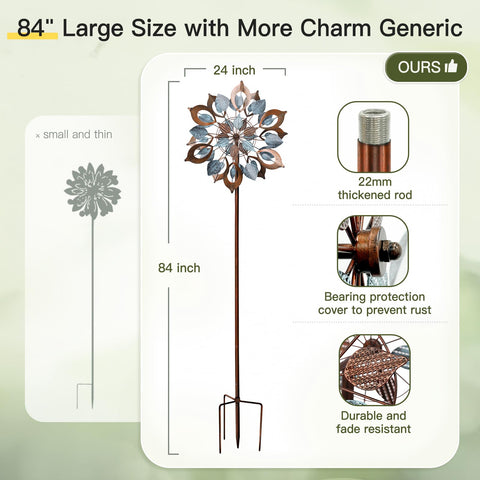 Lariander kinetic rotation in a breeze adds tranquil garden motion.