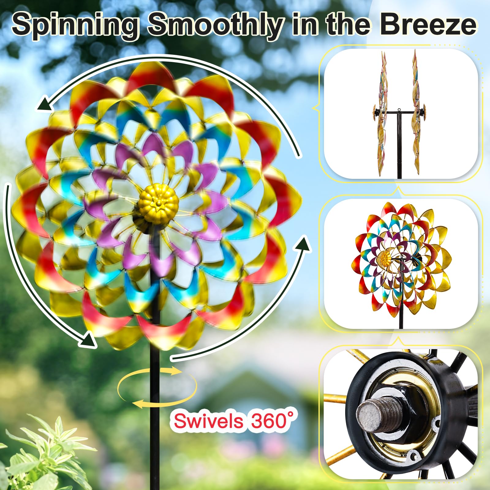 Lariander 84-inch height windmill spins gracefully in the breeze for eye-catching motion.