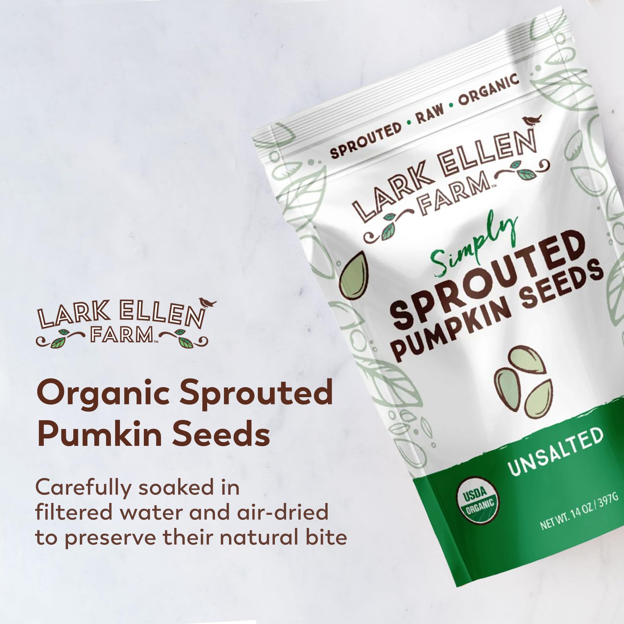 Lark Ellen Farm sprouted pumpkin seeds on salad add crunch and nutrition