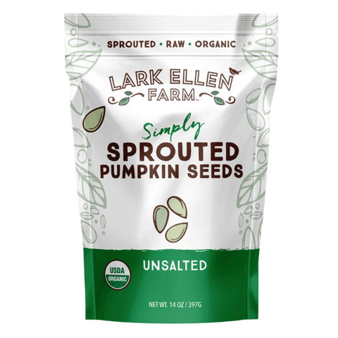 Lark Ellen Farm sprouted pumpkin seeds in a resealable bag for fresh snacking