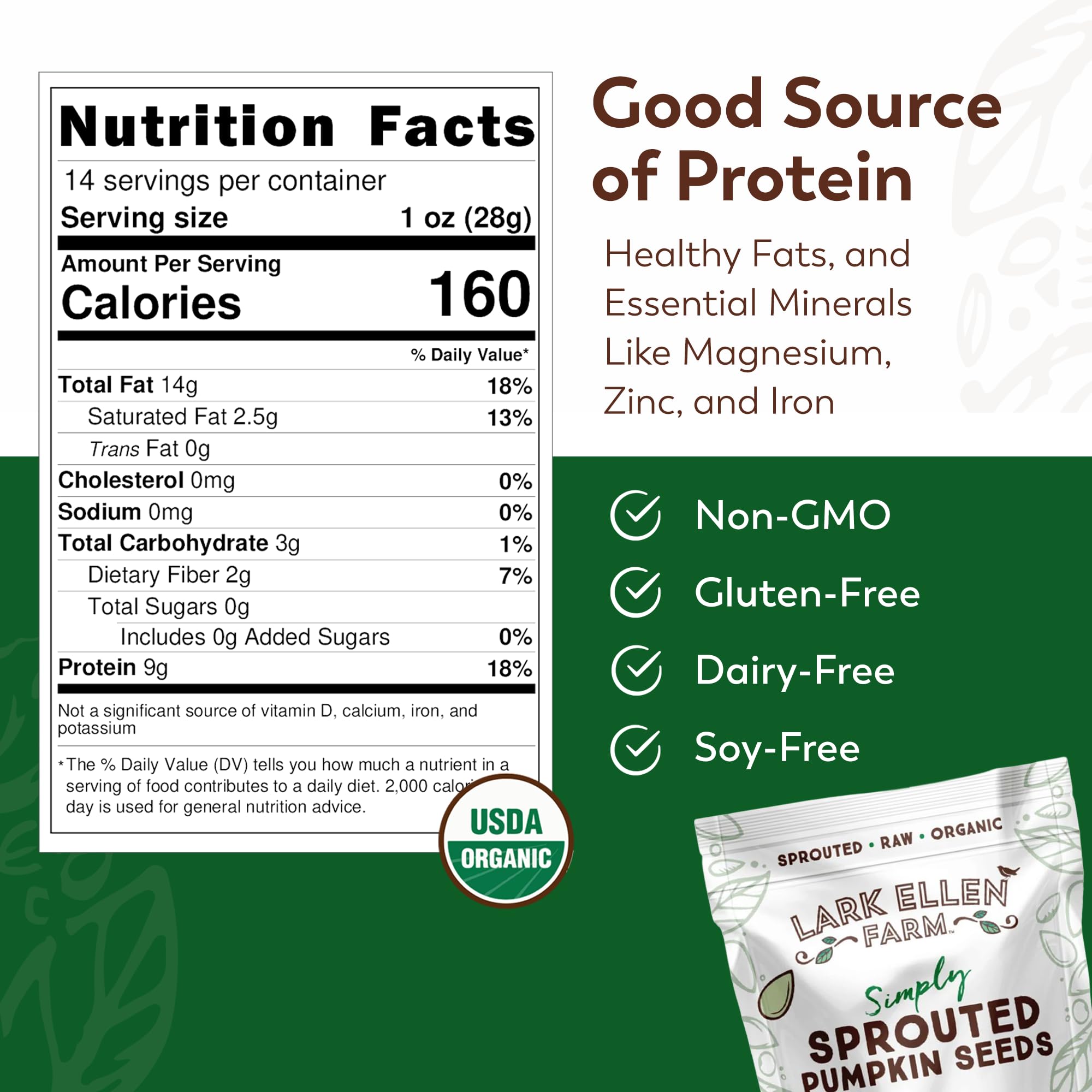 Lark Ellen Farm sprouted pumpkin seeds close-up highlighting texture and mineral-rich nutrition