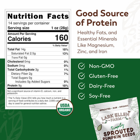 Lark Ellen Farm sprouted pumpkin seeds close-up highlighting texture and mineral-rich nutrition