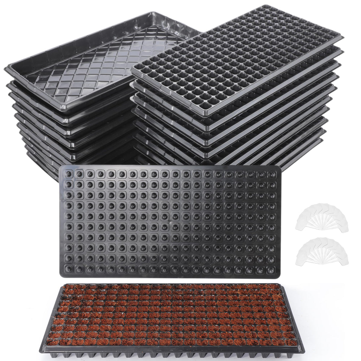 LARNORJE 200-cell seed starter trays with base tray and dibber, organized germination.