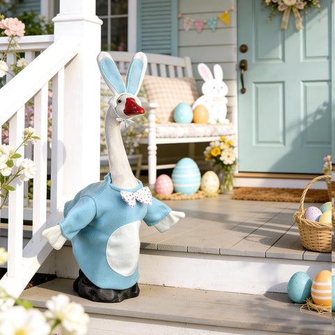 Festive yard decor with a playful goose outfit for outdoors.