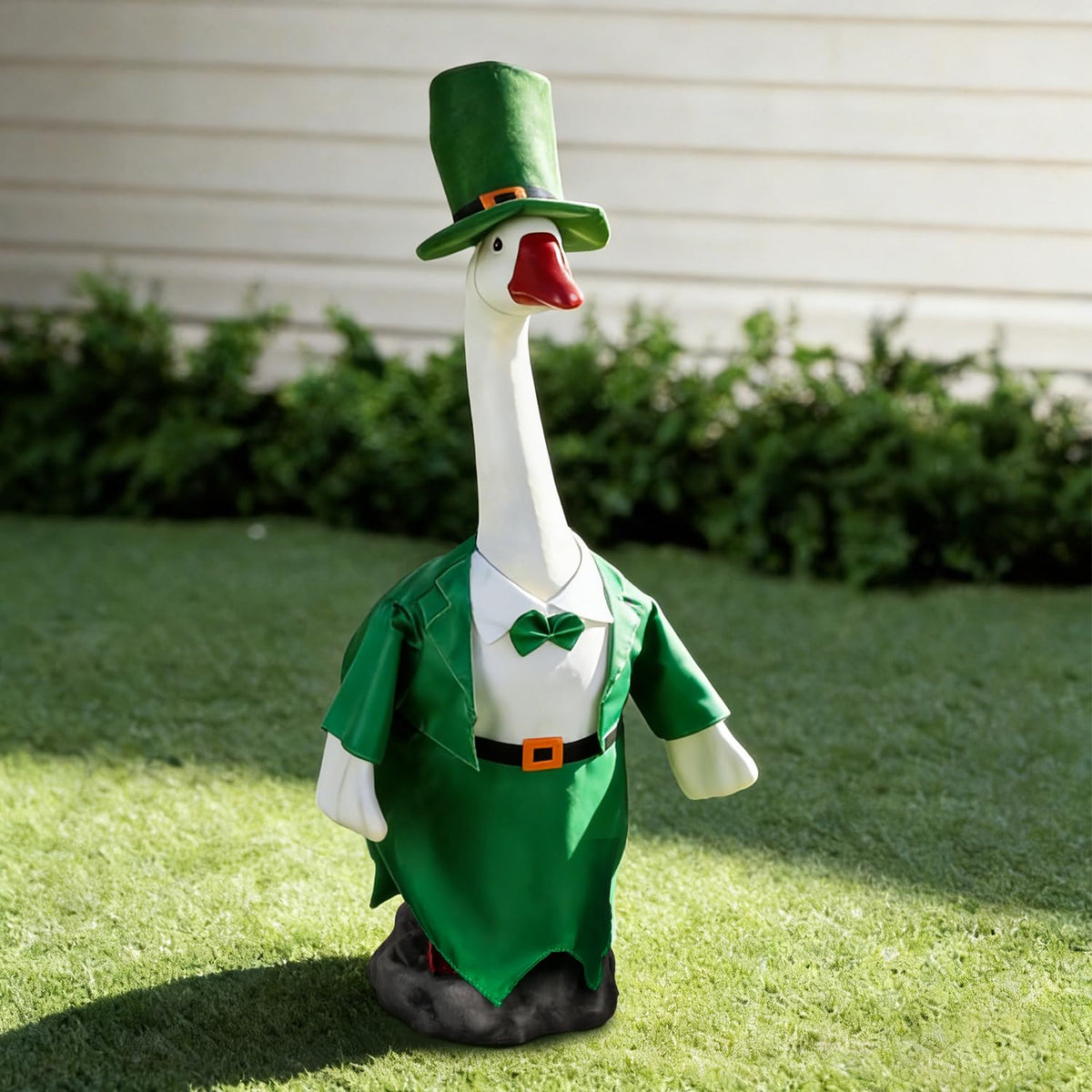 LarpGears porch goose outfit with green top hat boosts curb appeal.