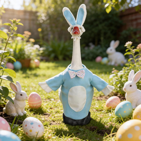 LarpGears porch goose sky-blue jacket with Easter egg prints adds charm.