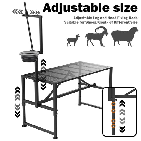 Larrik height and width adjustable legs accommodate goats of various sizes.