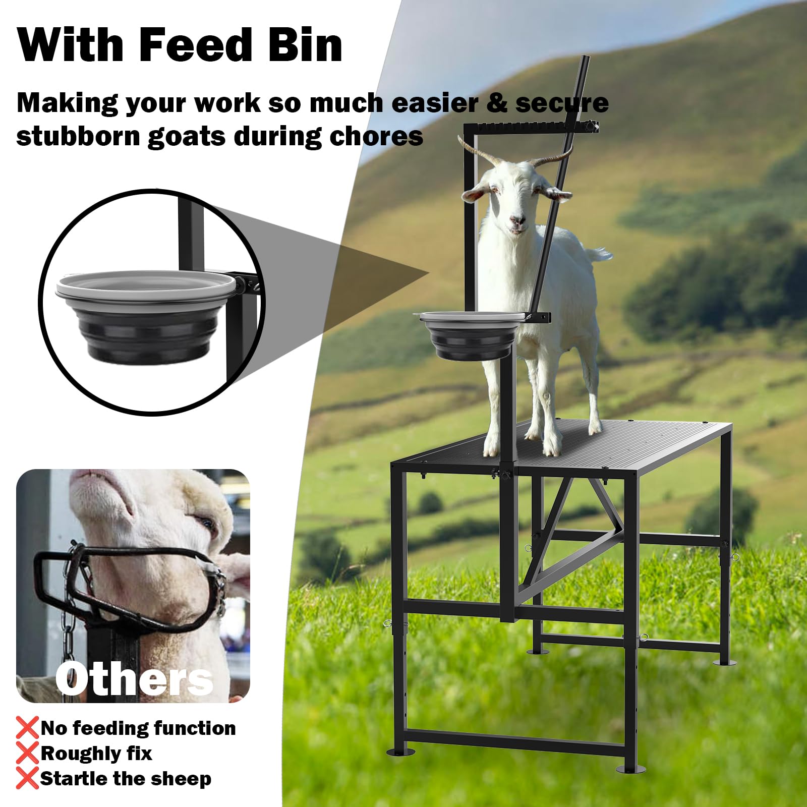 Larrik sturdy 5-crossbeam frame provides stability even with irritable goats.